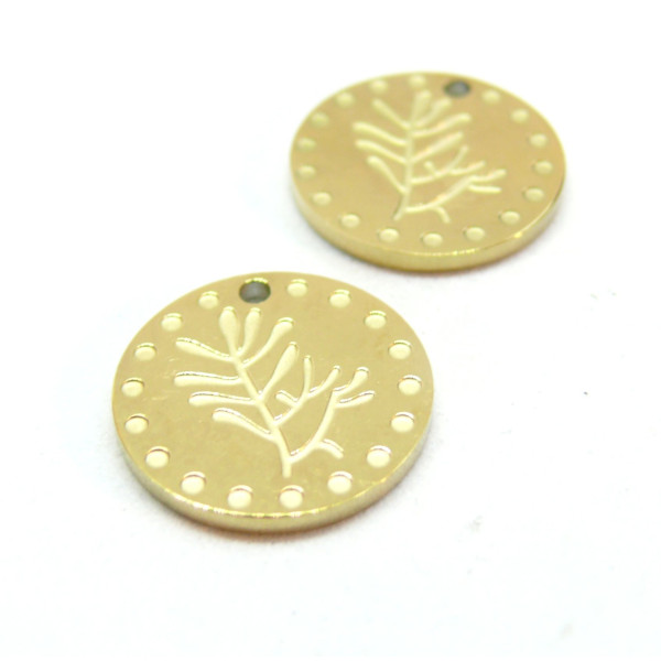 Pendentifs Médaillon avec Plante, tige, Gui 15mm, Acier Inoxydable 304 finition Doré, placage sous vide