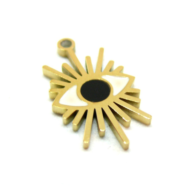 Pendentif grigri, Amulette, Oeil de la protection  en résine émaillé 20mm, Acier Inoxydable 304, finition Doré Placage IONIQUE