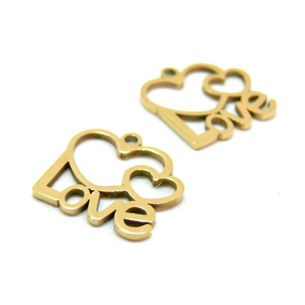 Pendentifs, Love coeur 15 par 14mm,  Acier Inoxydable 304, finition Doré