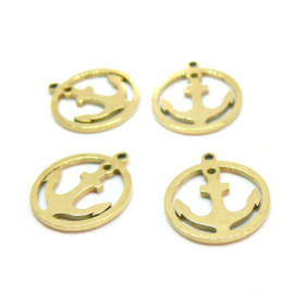 Pendentifs, Médaillon avec Ancre Marine 14mm, Acier Inoxydable 304, finition Doré à l'or fin 18K, Placage PVD