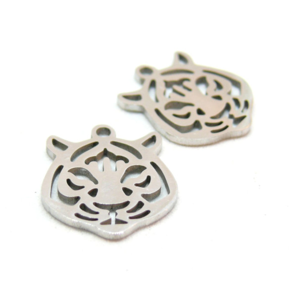 Pendentifs Tigre 15mm,  Acier Inoxydable  finition Argent