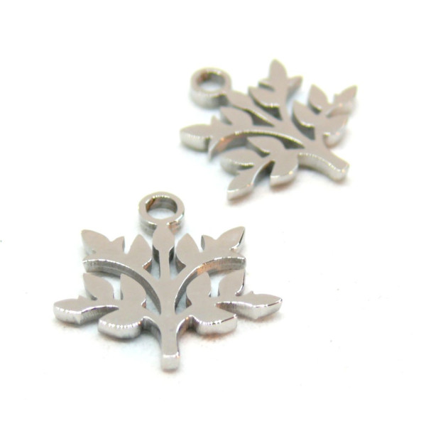 Pendentifs Arbre, Feuille 12mm,  Acier Inoxydable  Chirurgical 316L finition Argent