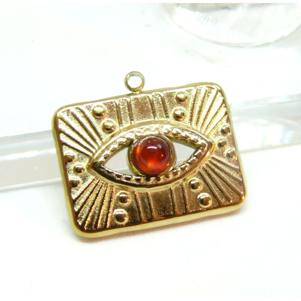 Pendentif, Rectangle Œil de la protection avec Agate, Acier Inoxydable, finition Doré à l'or fin 18K, Placage IONIQUE