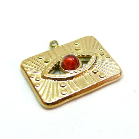 Pendentif, Rectangle Œil de la protection avec Agate, Acier Inoxydable, finition Doré à l'or fin 18K, Placage PVD