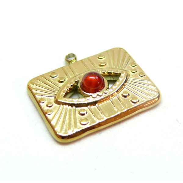 Pendentif, Rectangle Œil de la protection avec Agate, Acier Inoxydable, finition Doré à l'or fin 18K, Placage PVD