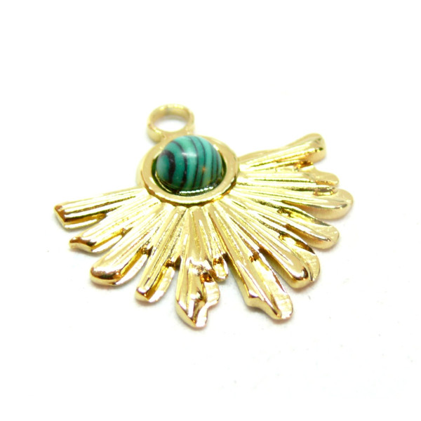 Pendentif, Demi Soleil, Eventail 25 mm, Acier Inoxydable 304 finition Doré et imitation malachite