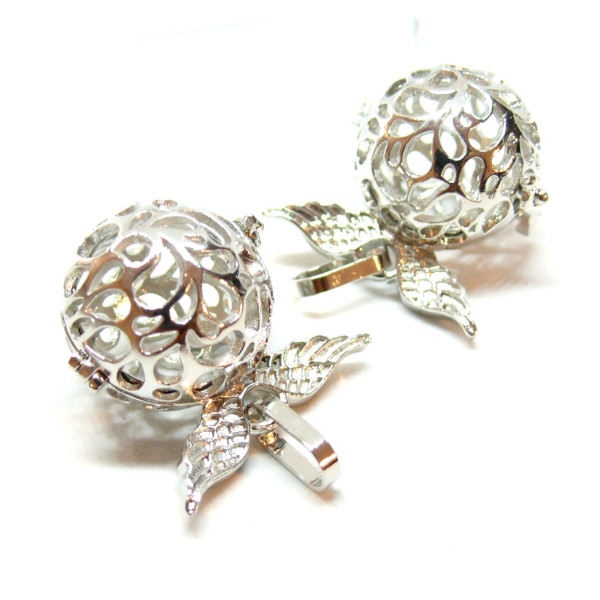 Pendentif Cage Bola Grossesse Ailes d'ange 16mm, finition Argent Platine