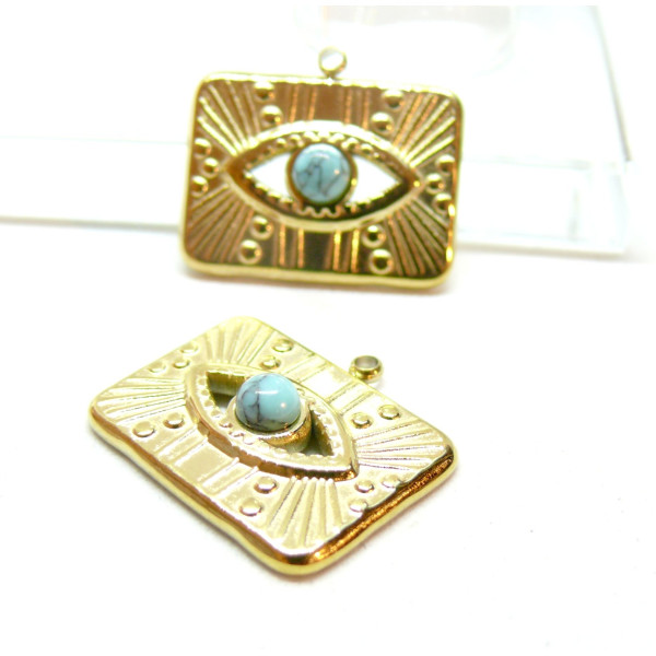 Pendentif, Rectangle Œil de la protection avec Turquoise, Acier Inoxydable, finition Doré à l'or fin 18K, Placage PVD