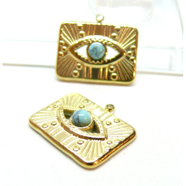 Pendentif, Rectangle Œil de la protection avec Turquoise, Acier Inoxydable, finition Doré à l'or fin 18K, Placage PVD