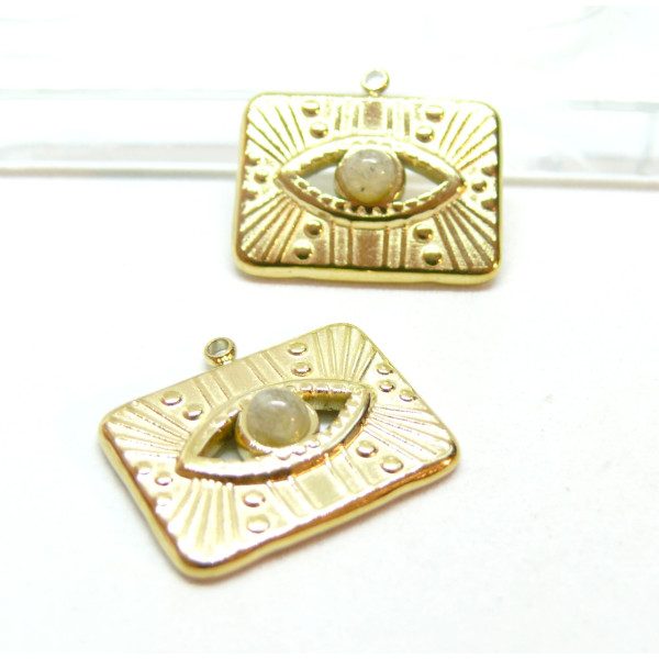 Pendentif, Rectangle Œil de la protection avec Labradorite, Acier Inoxydable, finition Doré à l'or fin 18K, Placage PVD