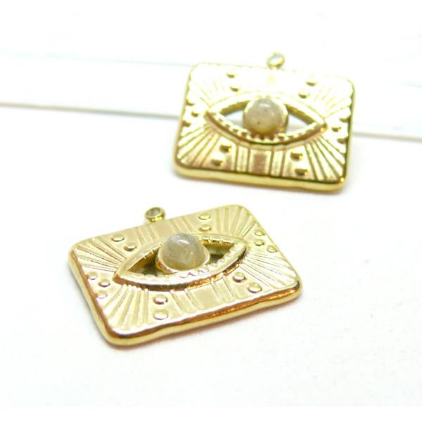 Pendentif, Rectangle Œil de la protection avec Labradorite, Acier Inoxydable, finition Doré à l'or fin 18K, Placage PVD