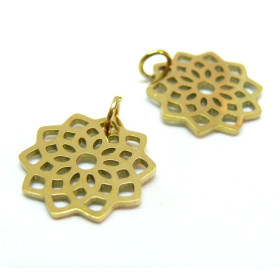 Pendentif avec anneau, Fleur Mandala, Acier Inoxydable 304, finition Doré , Placage PVD