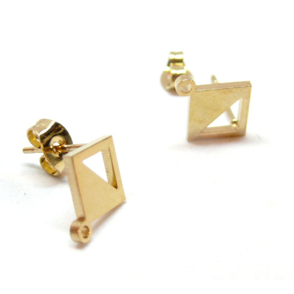 Boucles d'oreilles, Puces Losange 12mm, avec anneau d'attache et embouts, Acier Inoxydable 304, finition Doré Placage IONIQUE