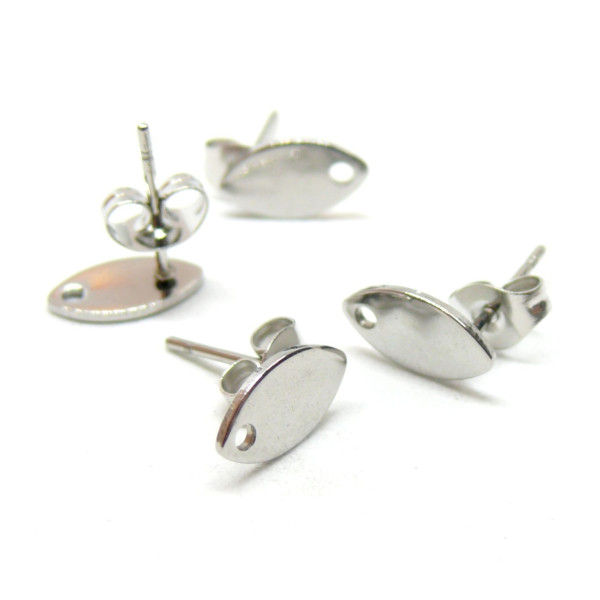 Boucles d'oreille clou,  puce forme Marquise, Navette 10mm avec Trou, Acier Inoxydable 304 finition Argenté avec embouts