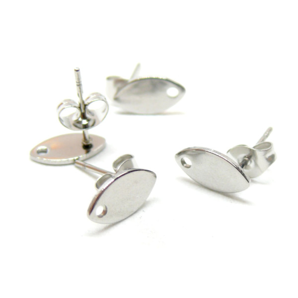 Boucles d'oreille clou,  puce forme Marquise, Navette 10mm avec Trou, Acier Inoxydable 304 finition Argenté avec embouts