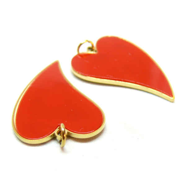Pendentif avec anneau, Coeur rouge en résine émaillé 25mm, Acier Inoxydable 304, finition Doré Placage IONIQUE