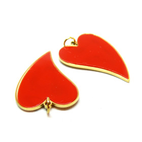 Pendentif avec anneau, Coeur rouge en résine émaillé 25mm, Acier Inoxydable 304, finition Doré Placage IONIQUE