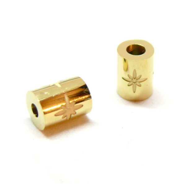 Perle Intercalaire, Tube 8 par 6mm avec Etoile, Acier Inoxydable 304, finition Doré à l'or fin 14K