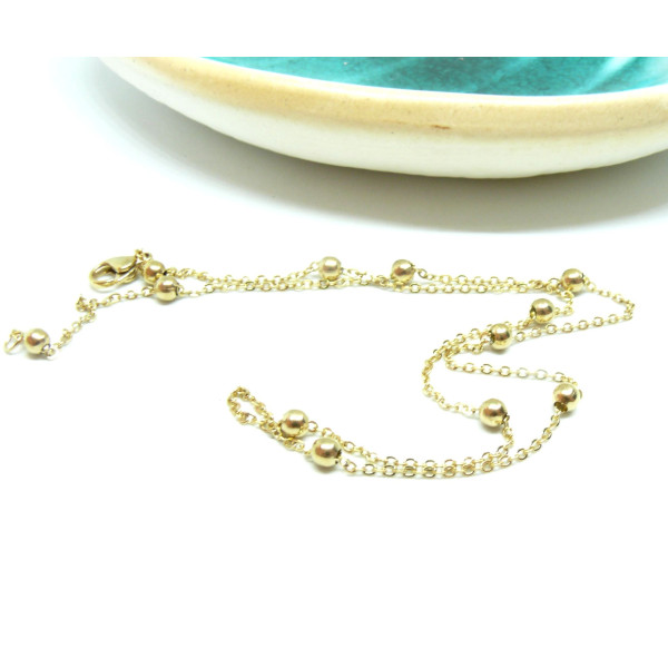 Tour de cou, Collier chaîne 46cm maille avec bille 2.7mm, laiton finition Doré à l'or fin 18K