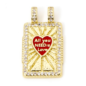 Pendentif, Rectangle "All you need is love" 27mm, Laiton finition Doré à l'or fin 18K avec Zirconium