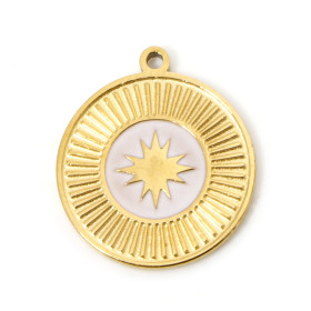 Pendentif, Médaillon rond, Etoile 15mm, résine émaillée, Acier Inoxydable 304, Doré à l'or fin 18K, placage PVD