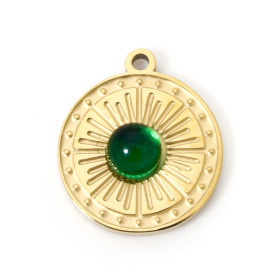 Pendentif Médaillon Cabochon Vert 12 mm – Acier Inoxydable 304 Doré à l’or fin 18K – Placage PVD
