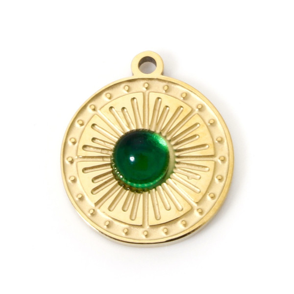 Pendentif 12m avec petit Cabochon en verre Vert – Acier Inoxydable 304 Doré 18K PVD