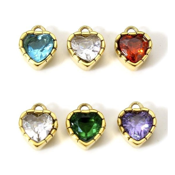 Pendentif Coeur Travaillé  avec Strass 6.5mm, Acier Inoxydable 304 finition Doré, pour bijoux raffinés