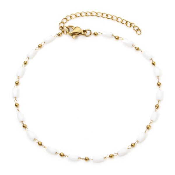 Bracelet avec perles facettée, Acier inoxydable 304 finition doré à l'or fin 18K, PVD, coloris BLANC, DIY