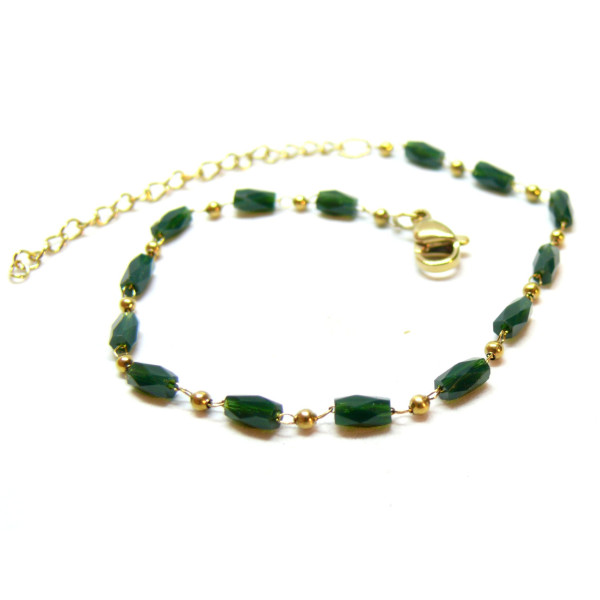 Bracelet avec perles facettée, Acier inoxydable 304 finition doré à l'or fin 18K, PVD, coloris VERT FONCE, DIY