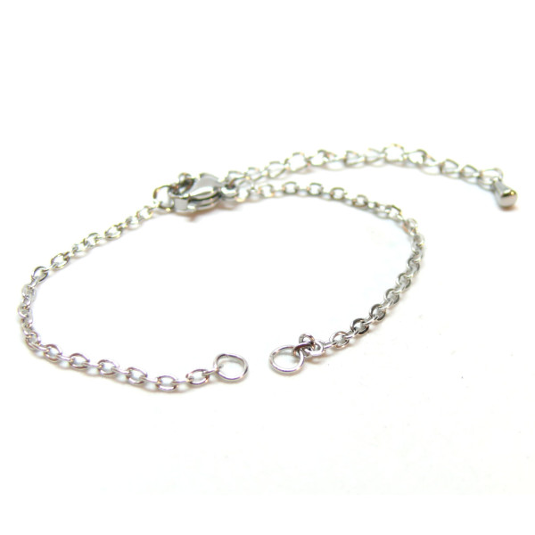 Bracelets ajustable avec chaine d'extension 14cm maille 2mm en Acier Inoxydable 304 coloris Argent Platine Rhodié