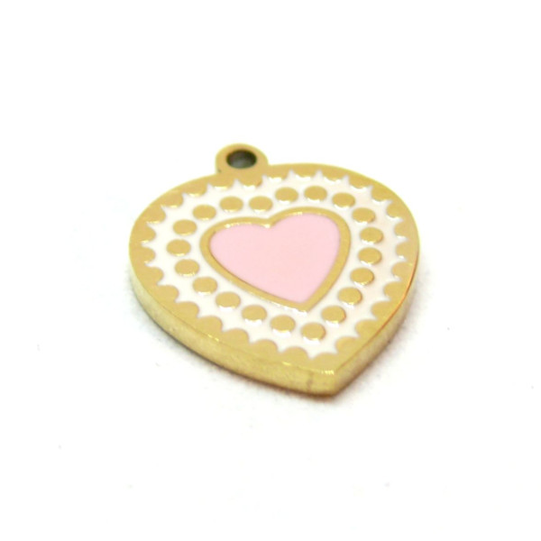 Pendentif, Médaillon Coeur 14mm, résine émaillée, Acier Inoxydable 304, Doré à l'or fin 18K, placage PVD