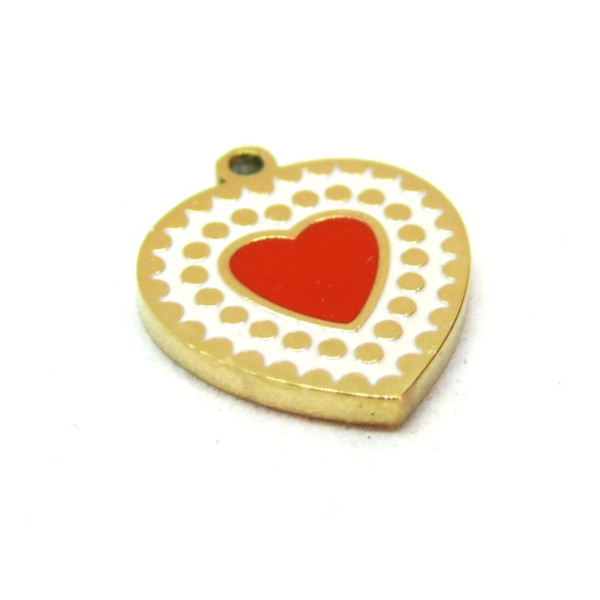 Pendentif, Médaillon Coeur 14mm, résine émaillée, Acier Inoxydable 304, Doré à l'or fin 18K, placage PVD