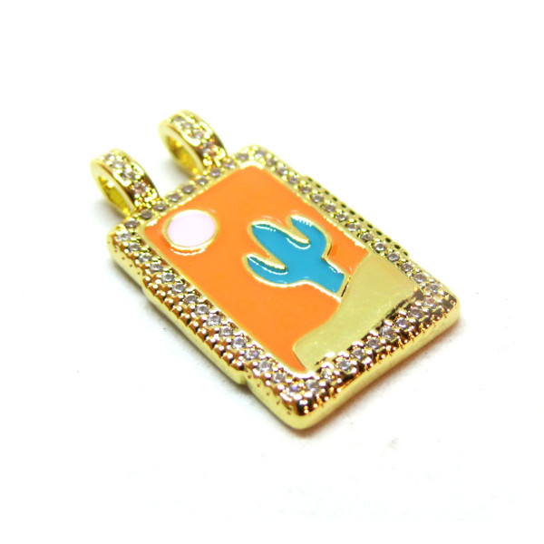 Pendentif, Rectangle avec cactus  27mm, Laiton finition Doré à l'or fin 18K avec Zirconium
