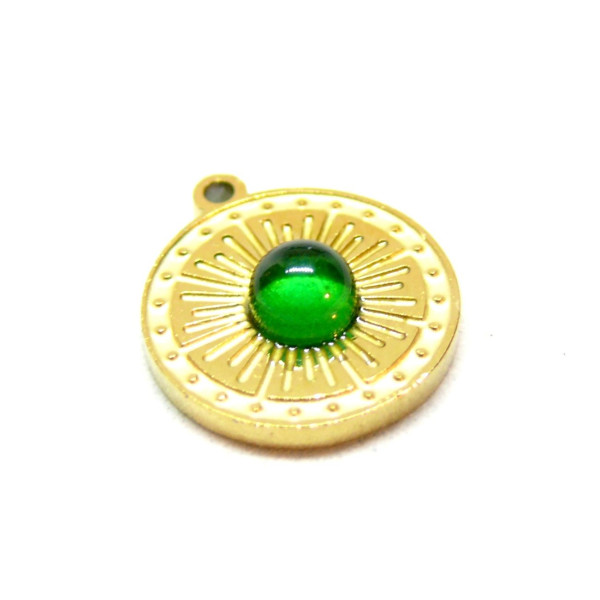 Pendentif Médaillon Cabochon Vert 12 mm – Acier Inoxydable 304 Doré à l’or fin 18K – Placage PVD