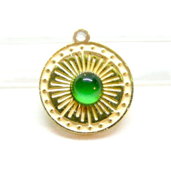 Pendentif 12m avec petit Cabochon en verre Vert – Acier Inoxydable 304 Doré 18K PVD
