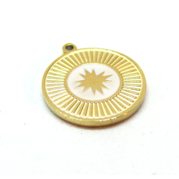 Pendentif, Médaillon rond, Etoile 15mm, résine émaillée, Acier Inoxydable 304, Doré à l'or fin 18K, placage PVD