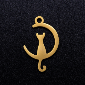 Pendentif Chat dans Lune 18mm - Doré en Acier Inoxydable