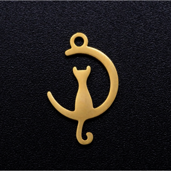 Pendentif Chat dans Lune 18mm - Doré en Acier Inoxydable