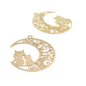 Estampes pendentif filigrane Chats et Lune 19mm, Acier Inoxydable finition Doré à l'or fin 18K