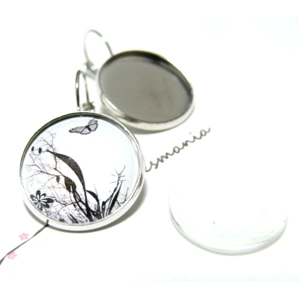 4 pièces – 2 Boucles d’oreille Plateaux 16mm et 2 Cabochons Verre 16mm