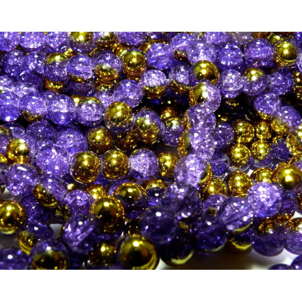 Perles de verre craquelé bicolore violet et or 6mm