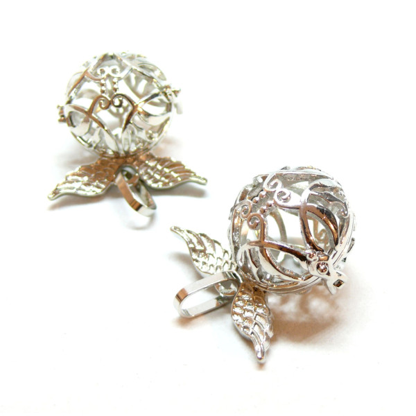Pendentif Cage et Perle Bola Nature Harmony Grossesse Ailes d'ange 18mm, finition Argent Platine