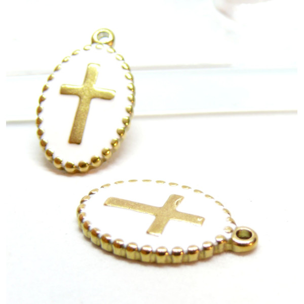 Pendentif, Médaillon Ovale, Croix 23mm, résine émaillée, Acier Inoxydable 304, Doré à l'or fin 18K
