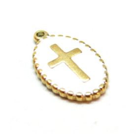 Pendentif, Médaillon Ovale, Croix 23mm, résine émaillée, Acier Inoxydable 304, Doré à l'or fin 18K