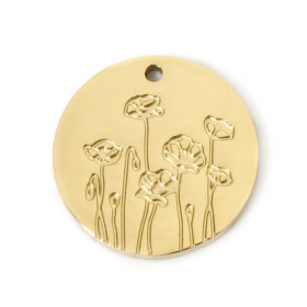 Pendentifs Médaillon avec Fleurs 13mm, Acier Inoxydable 304 finition Doré, placage sous vide