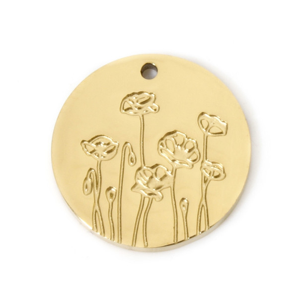Pendentifs Médaillon avec Fleurs 13mm, Acier Inoxydable 304 finition Doré, placage sous vide