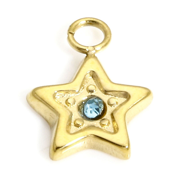 Pendentif Etoile avec Rhinestone Bleu 9.5mm, Acier Inoxydable 304 finition Doré, placage sous vide