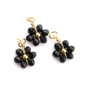 Pendentifs forme Fleur avec perles en verre Noire,  Acier Inoxydable 304 finition Doré