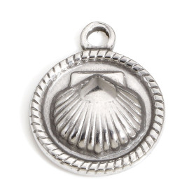 Pendentif, Médaillon avec Coquille Saint Jacques, Acier Inoxydable 304, finition Argenté